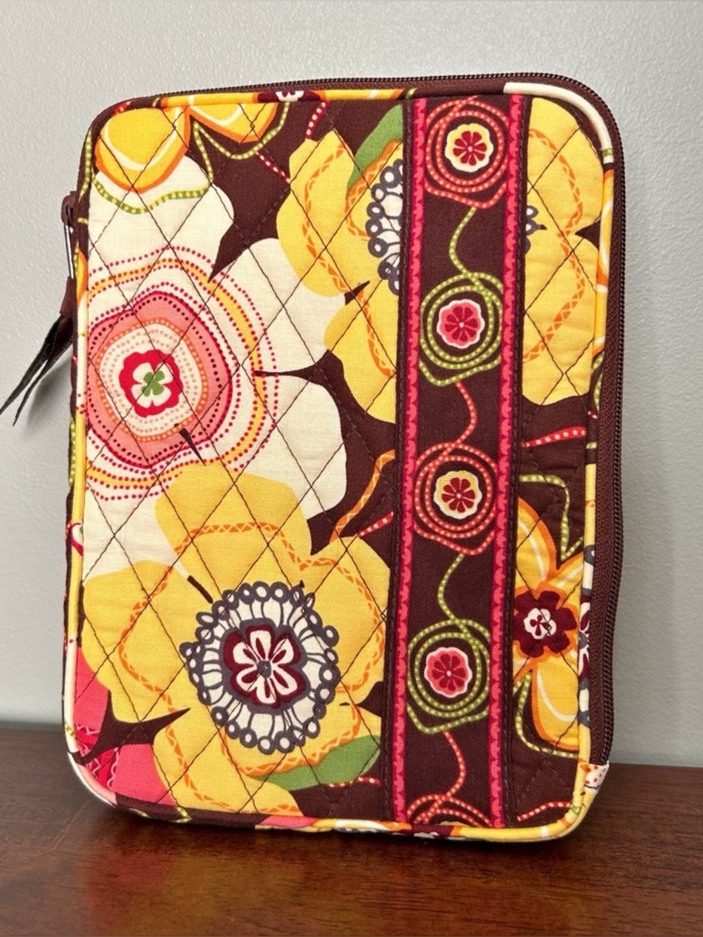Vera Bradley Quilted E-Reader Tablet Case Sleeve Floral Brown Yellow Pink EUC